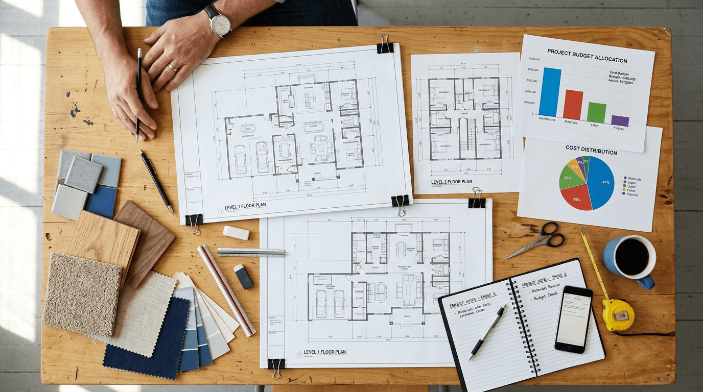 Architectural floor plans, material samples, budget charts, notebook, and tools on wooden table