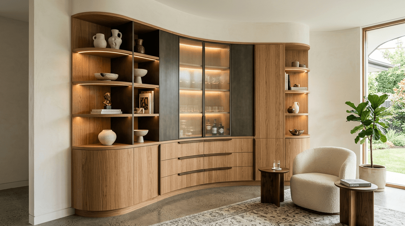 Curved wooden shelving unit with shelves, drawers, glass doors, and decorative objects