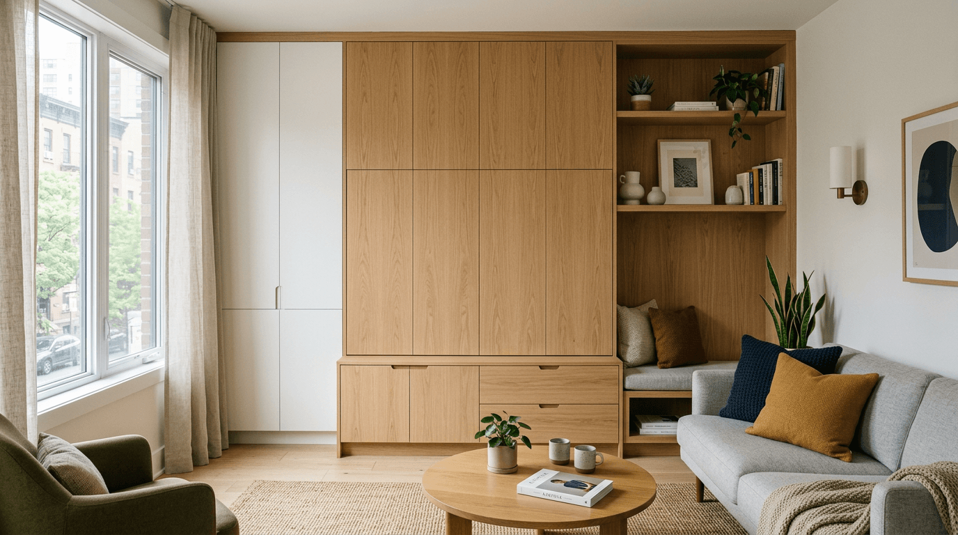 Living room with wooden storage, gray sofa, green armchair, and natural light from large window