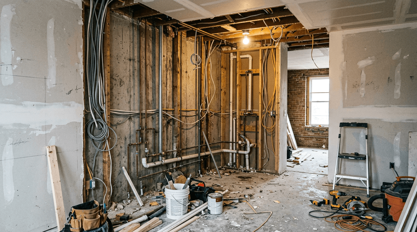 Room with exposed wall framing, pipes, electrical wiring, and renovation tools
