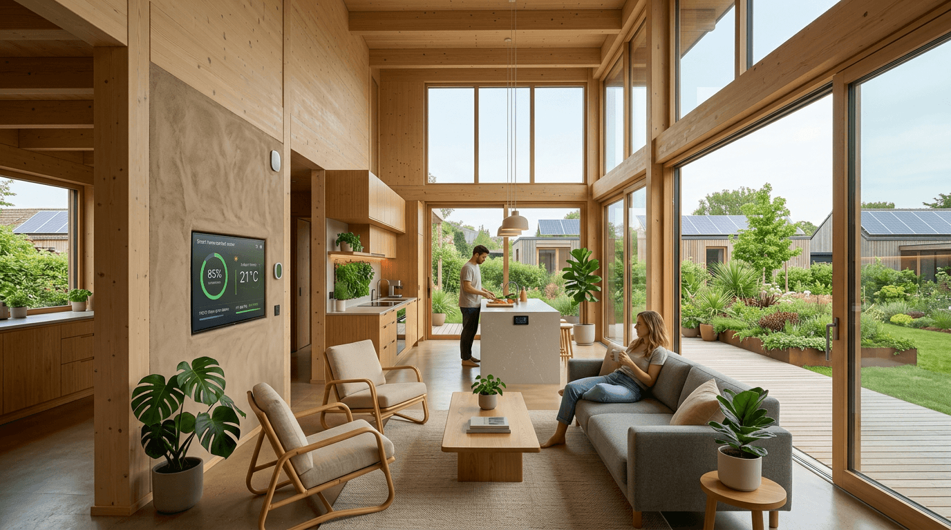 Bright wooden living space with smart home controls, man preparing food, woman sitting on sofa
