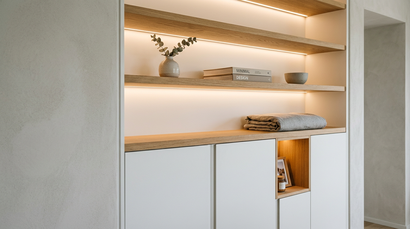 現代小宅設計中的多功能家具與智能收納 1 Wooden shelves with a small vase, two stacked books, a folded cloth, and a small bowl in a minimalist setting