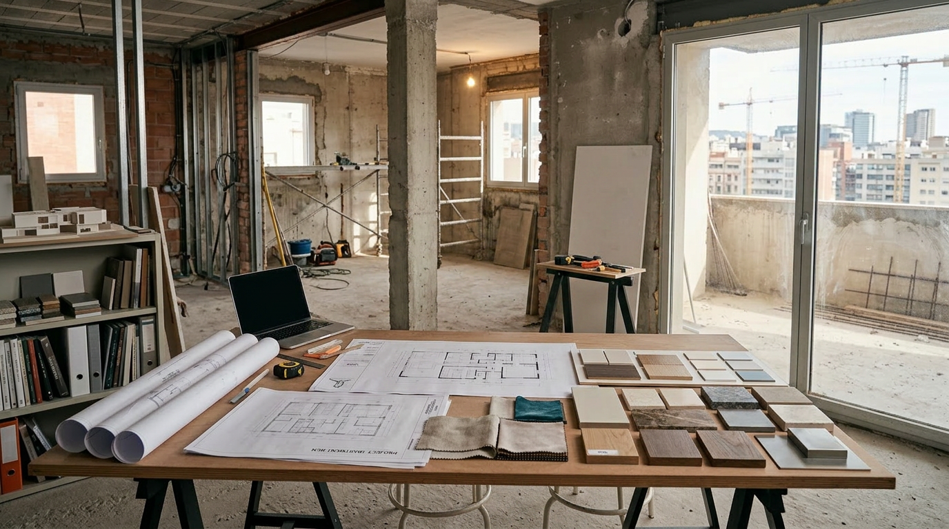 Two women reviewing architectural plans and material samples at a wooden table in an unfinished building