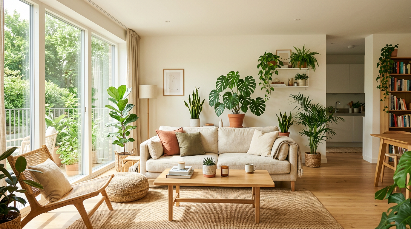 Cozy living room with beige sofa, wooden coffee table, and various green indoor plants