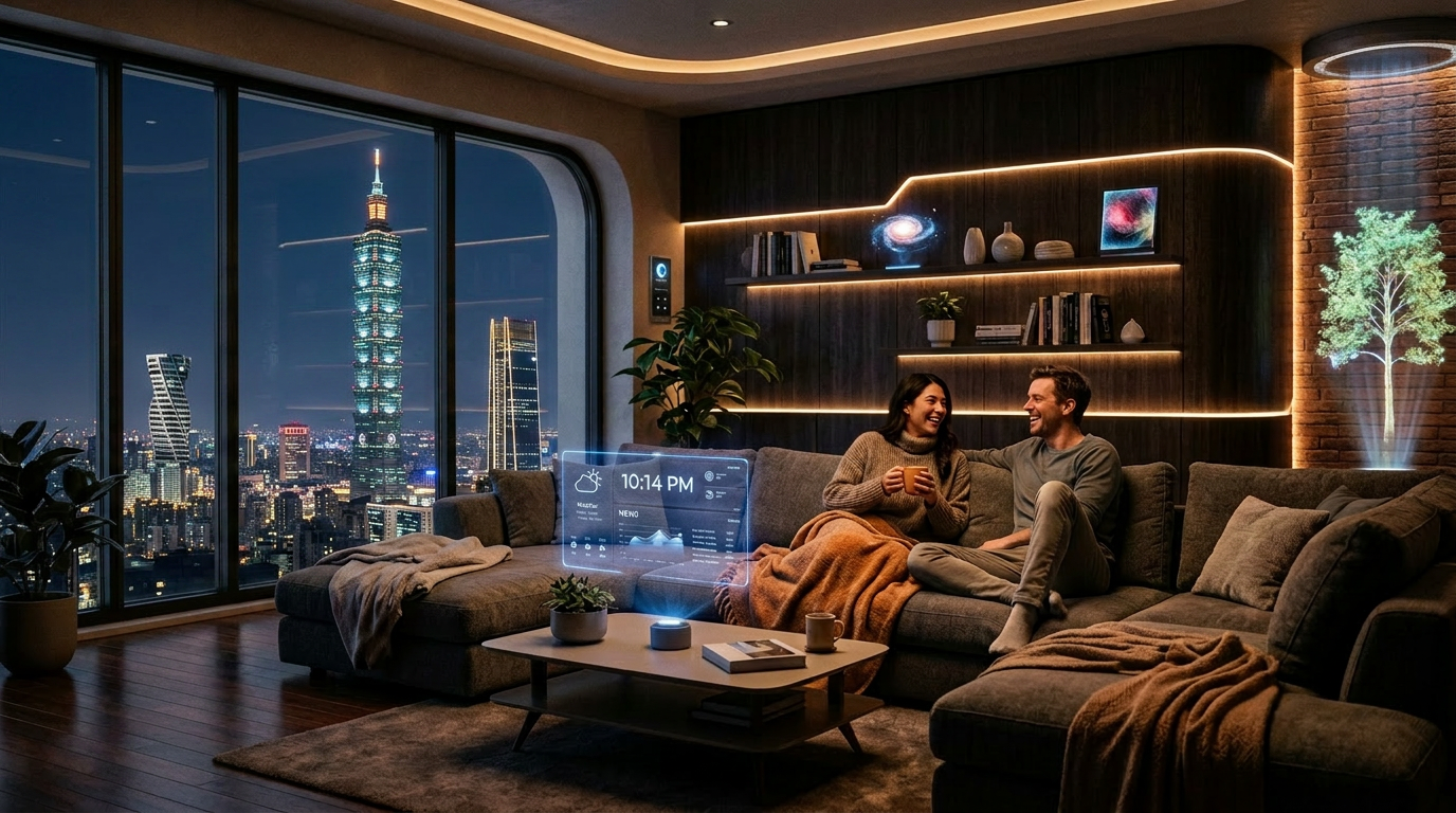 智能與自然共存:2026室內設計新趨勢 1 Couple sitting on gray sectional sofa in a high-tech living room with holographic interface and city skyline at night