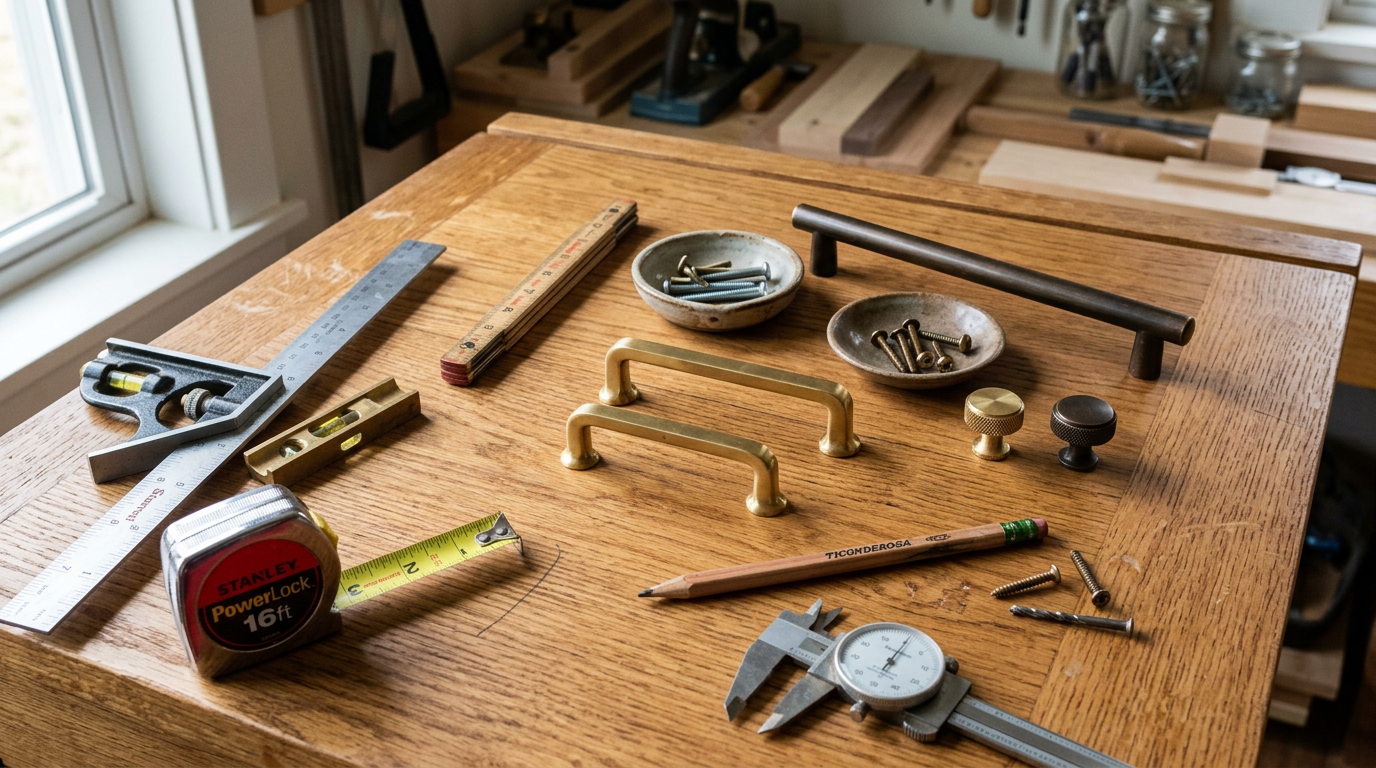 Cabinet handles, measuring tools, screws, and pencil on wooden workbench