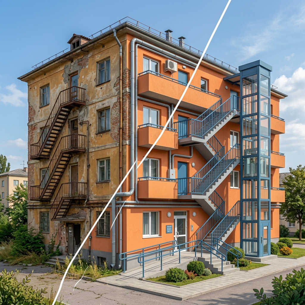 2027老宅延壽補助第2梯次:30年以上老公寓先盤點這6項 1 Split illustration comparing an old apartment building with an accessible renovation